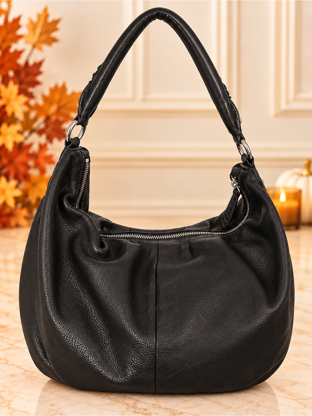 Ann Taylor Black Leather Slouchy Hobo Shoulder Bag Zip Top Purse